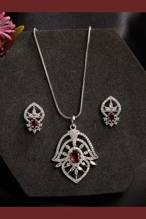 Anouk Women Silver-Plated American Diamond-Studded Pendant Set