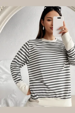 DressBerry Women Striped Extended Sleeves Monochrome Pockets T-shirt