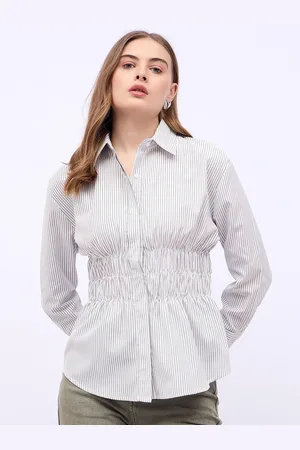 Styli Women Spread Collar Vertical Striped Casual Shirt