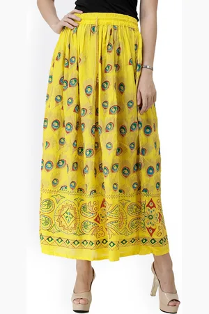 Exotic India Maize Long Skirt with Printed Peacock Feathers