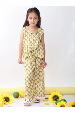 Sangria Girls Printed Round Neck Pure Cotton Top With Palazzo