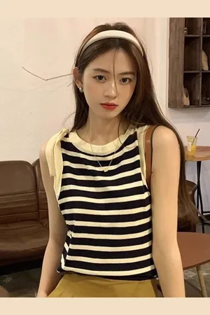 HERE&NOW Women Round Neck Sleeveless Horizontal Stripes Top