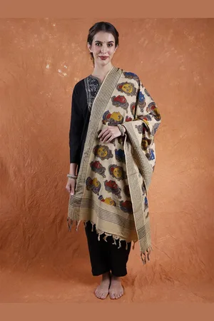 Exotic India Beige Hand Painted Kathakali Faces Kalamkari Silk Dupatta
