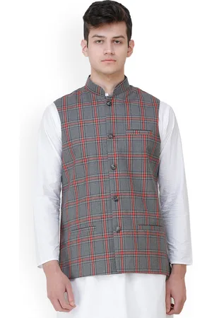 Exotic India Excalibur Double Check Pattern Nehru Jacket with Front Pockets