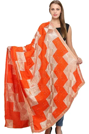 Exotic India Tigerlily Phulkari Art Silk Dupatta with Sequins and Gota Border