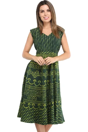 Exotic India Hunter Green Block-Printed Elephants Summer Dress with Dori on Back