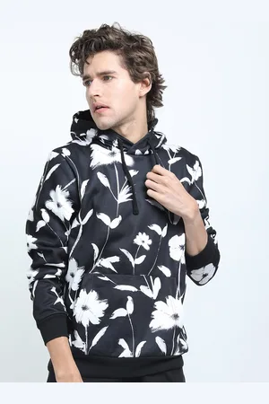 Highlander Men Black & White Floral Printed Hooded Sweatshirt