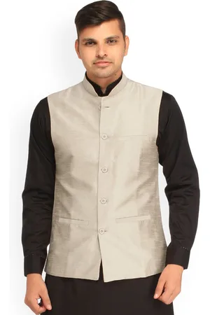 Exotic India Art Silk Plain Wedding Nehru Jacket with Front Pockets