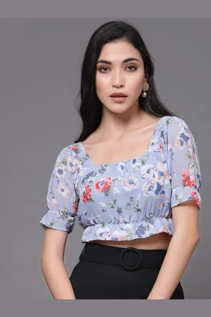 DressBerry Floral Print Puff Sleeve Georgette Blouson Crop Top