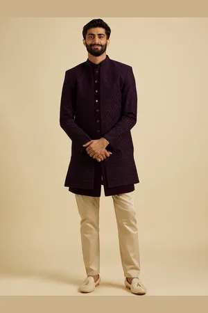 Manyavar Men Embroidered Sequin Work Mandarin Collar Sherwani Set