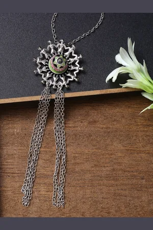 Voylla Adorned Spins Women Silver Long Tassels Pendant with Chain
