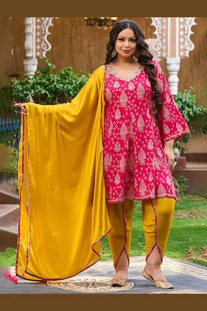 DesiNoor Plus Size Printed A-Line Kurti with Dhoti Pants & Dupatta