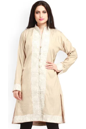 Exotic India Bleached Sand Kashmiri Long Jacket with Aari Embroidered Paisleys on Border
