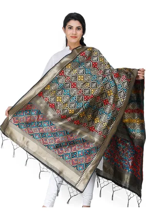 Exotic India Jet Black Brocade Art Silk Dupatta with Multi-Color Thread Weave