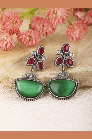 Anouk Silver Plated Oxidised Stone Studded Drop Earrings