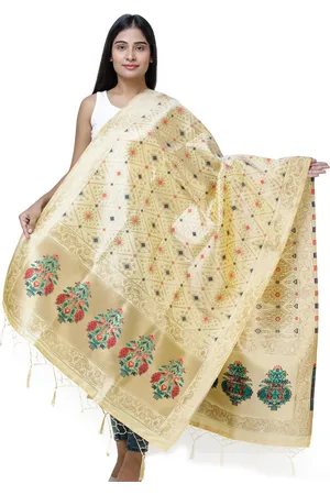 Exotic India Chamomile Brocade Art Silk Dupatta with Birds and Geometric Motifs