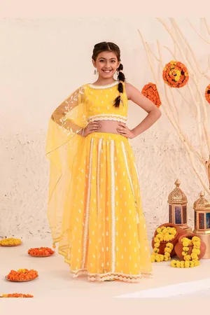 pspeaches Girls Embroidered Thread Work Net Ready to Wear Lehenga & Blouse With Dupatta