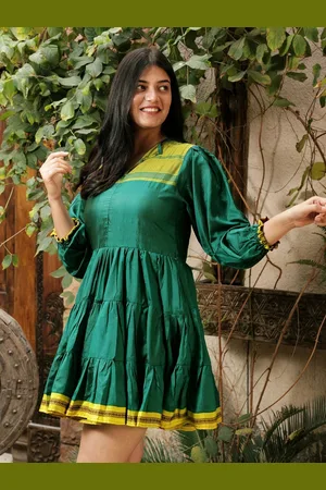 Exotic India Notch Neck Puff Sleeves Tiered Vintage Pure Silk Fit & Flare Mini Dress