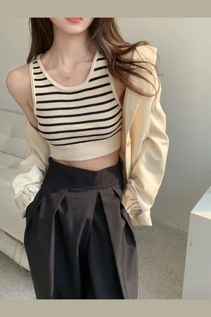 HERE&NOW Round Neck Sleeveless Striped Crop Top