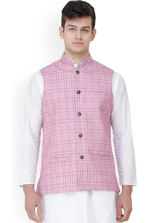 Exotic India Pastel Lavender Double Check Pattern Nehru Jacket with Front Pockets