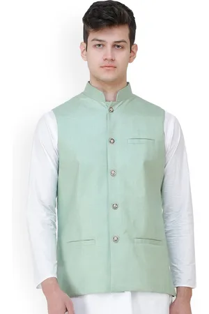 Exotic India Green Gage Casual Waistcoat with Zero Checks in Weave and Front Pockets