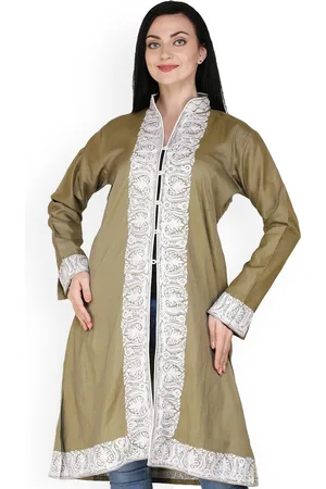 Exotic India Dried Herb Long Kashmiri Jacket with Aari Embroidered Florals on Border