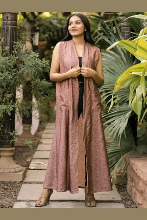 Exotic India Vintage Pure Silk Misty Rose Long Jacket with Pockets