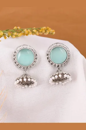 Dastoor Silver-Plated Stone-Studded & Beaded Dome Shaped Jhumkas