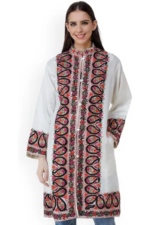 Exotic India Snow White Kashmiri Jacket with Chain Stitch Embroidered Flowers and Paisleys