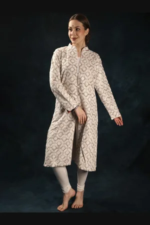 Exotic India Women Silk Kashmiri Aari Embroidery Longline Open Front Jacket