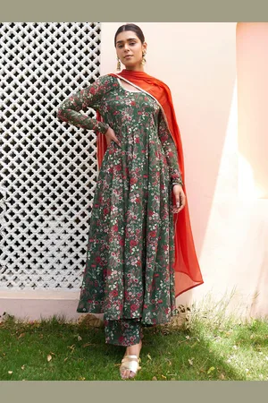 Janasya Green Floral Printed Regular Gotta Patti Anarkali Kurta & Palazzos With Dupatta