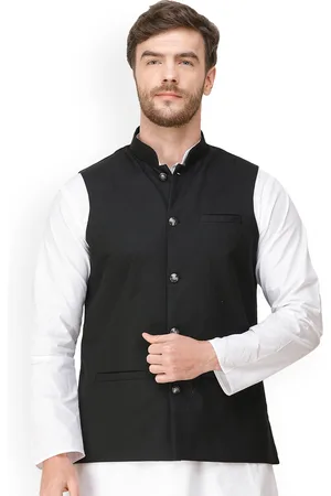 Exotic India Caviar Black Front Pockets Waistcoat with Woven Diagonal Stripes