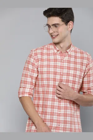 Mast & Harbour Men White & Peach Opaque Checked Cotton Linen Casual Shirt