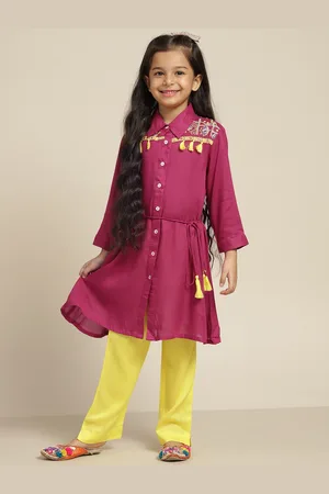 Sangria Girls Pink & Yellow Ethnic Motifs Embroidered Kurta with Trousers
