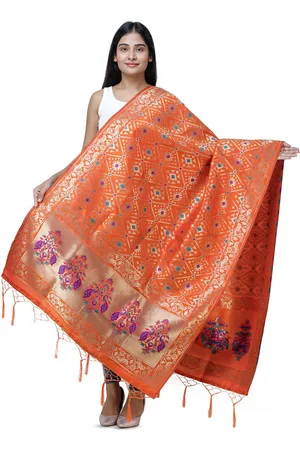 Exotic India Mandarin Orange Brocade Art Silk Dupatta with Birds and Geometric Motifs