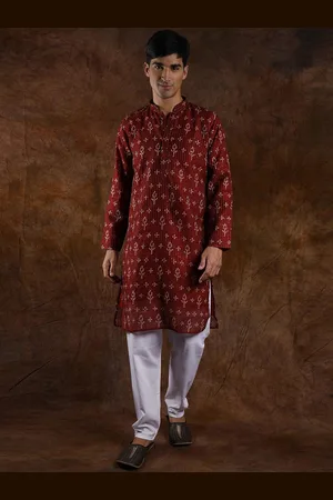 Exotic India Bandhani Tie-Dye Print Savvy Red Kurta Pajama Set with Sequins Embroidery