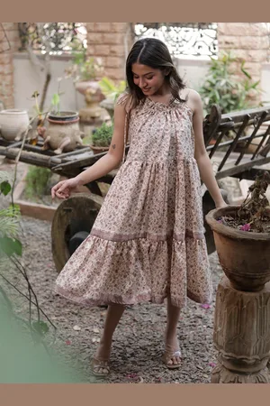 Exotic India Assorted Vintage Pure Silk Rose Smoke Ruffle Dress