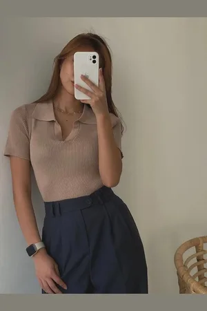 HERE&NOW Women Shirt Collar Short Sleeves Top