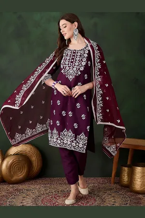 MANVAA Floral Embroidered Straight Thread Work Kurta With Trousers And Dupatta