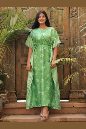 Exotic India Ethnic Motifs Printed Pure Silk Vintage Kaftan Maxi Dress with Dori