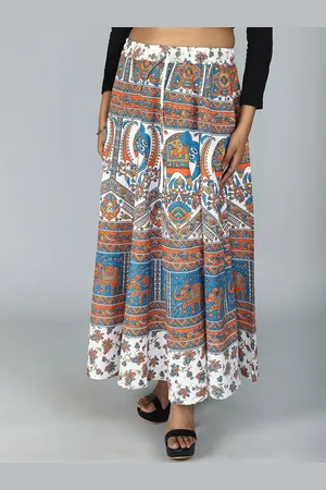 Exotic India Pure Cotton Sanganeri Long Skirt with All Over Floral-Elephant Printed Motifs