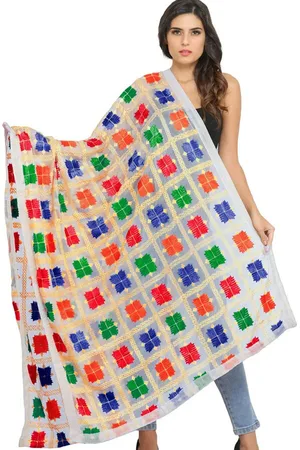 Exotic India Lucent White Phulkari Chiffon Dupatta with Embroidery All-Over