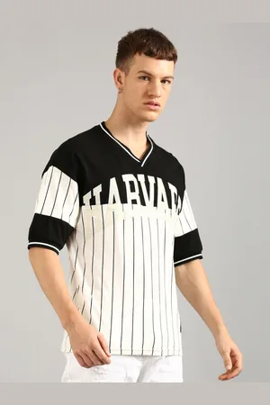 Joven Men Typography Striped V-Neck Applique T-shirt