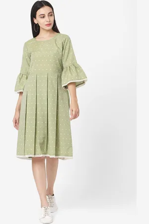 Roadster The Lifestyle Co Polka Dots Printed Cotton Flared Round Neck Dresses