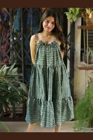 Exotic India Assorted Vintage Pure Silk Tea Leaf Ruffle Dress