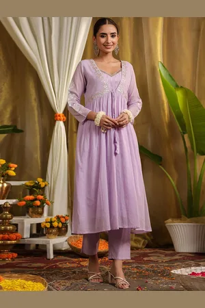 SCAKHI Floral Embroidered Empire Pure Cotton Anarkali Kurta with Trousers