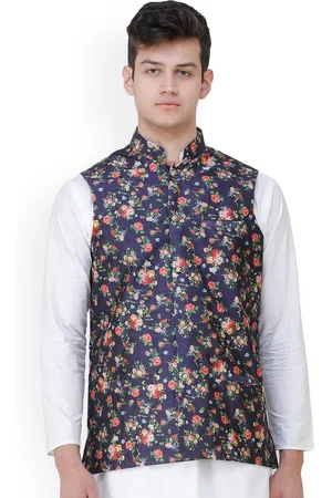 Exotic India Navy Blue Wedding Waistcoat with Digital-Printed Florals all over