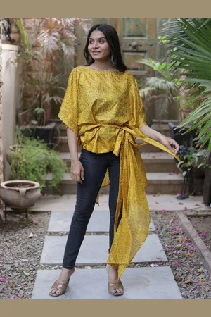 Exotic India Floral Printed Boat Neck Pure Silk Vintage Drape Top