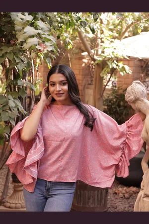 Exotic India Vintage Pure Silk Floral Print Kimono Sleeve Ruffles Top