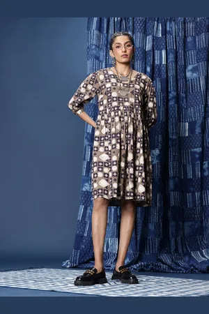 Taavi Printed V-Neck Puff Sleeves Pure Cotton Indigo Ethnic Dress